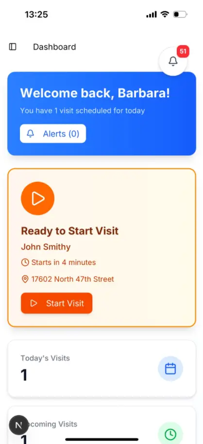 AveeCare Caregiver Mobile Dashboard with visit tracking and documentation