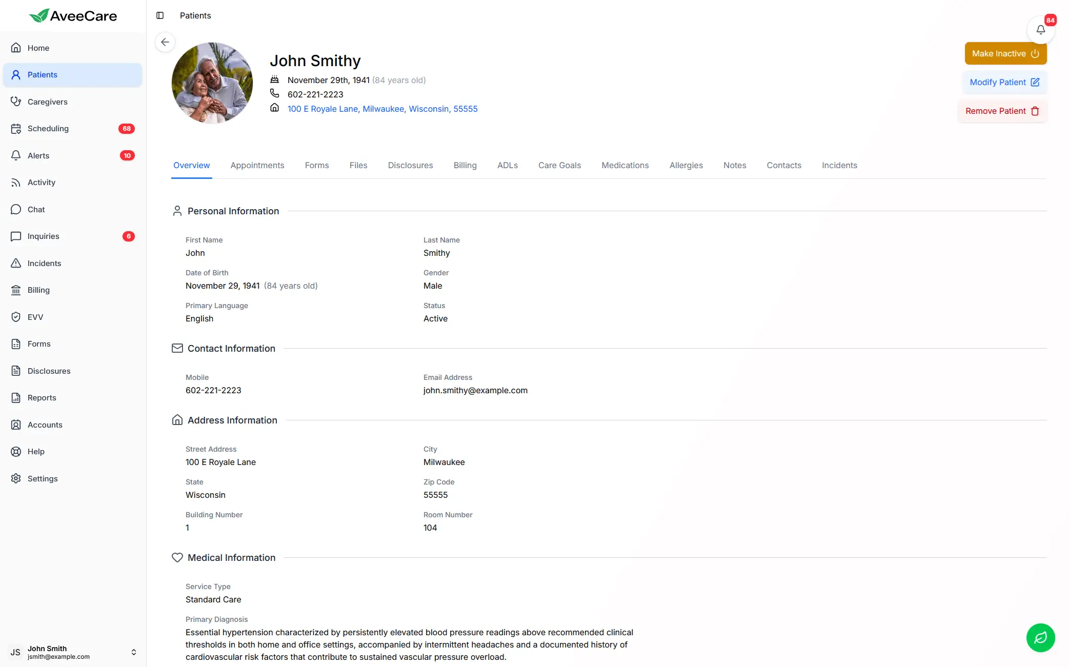 AveeCare Patient Overview Interface showing care information and upcoming visits